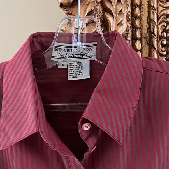 Vintage button up red blouse long sleeve dress shirt stripes large, women’s 8 - Picture 4 of 5
